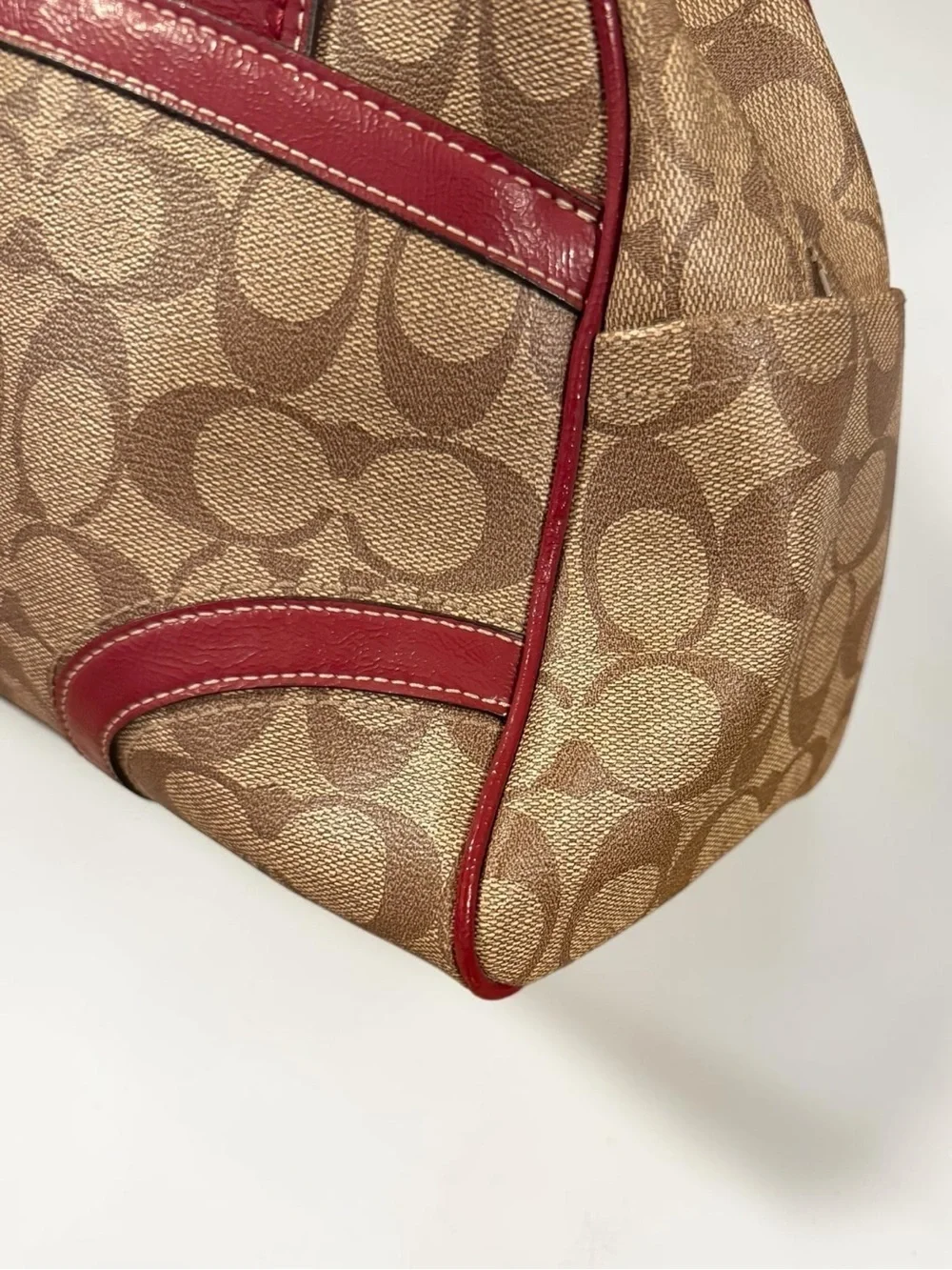 COACH Peyton Signature Satchel Khaki Burgundy Canvas Leather Shoulder Bag F18918